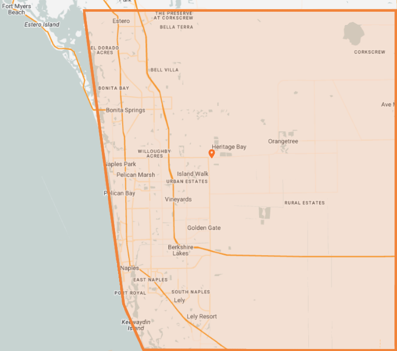Map showing Molten Core Technology’s service area across Naples and surrounding Southwest Florida